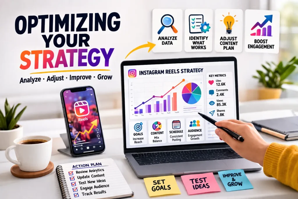Optimizing Instagram Reels strategy with analytics, growth chart and content planning tools.
