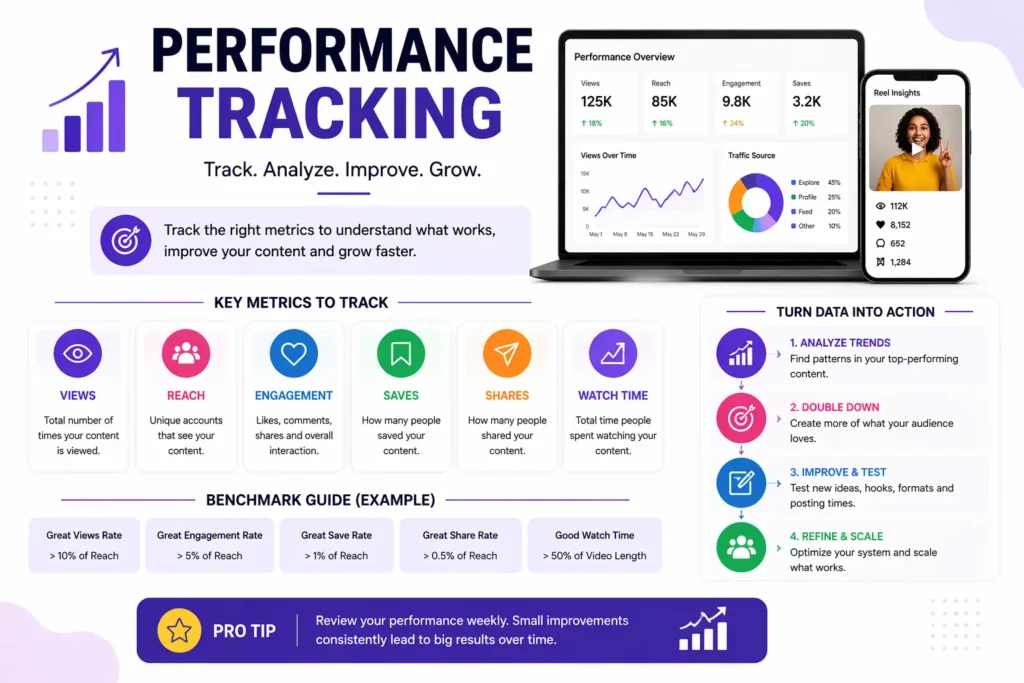 An image showing performance tracking with metrics such as views, reach, engagement, saves, shares, and watch time.