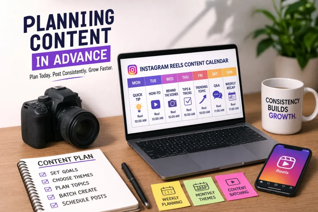 Content planning workspace with calendar, laptop and Instagram Reels strategy setup.