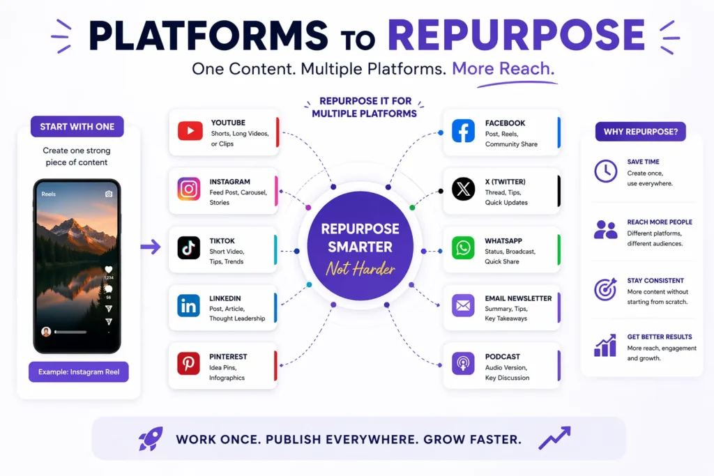 This image shows various platforms—such as YouTube, Instagram, Facebook, and Pinterest—that can be used to reuse content.