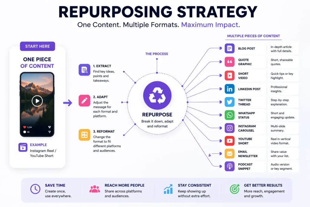 An image explaining the strategy of repurposing content from a single post for multiple formats and platforms.