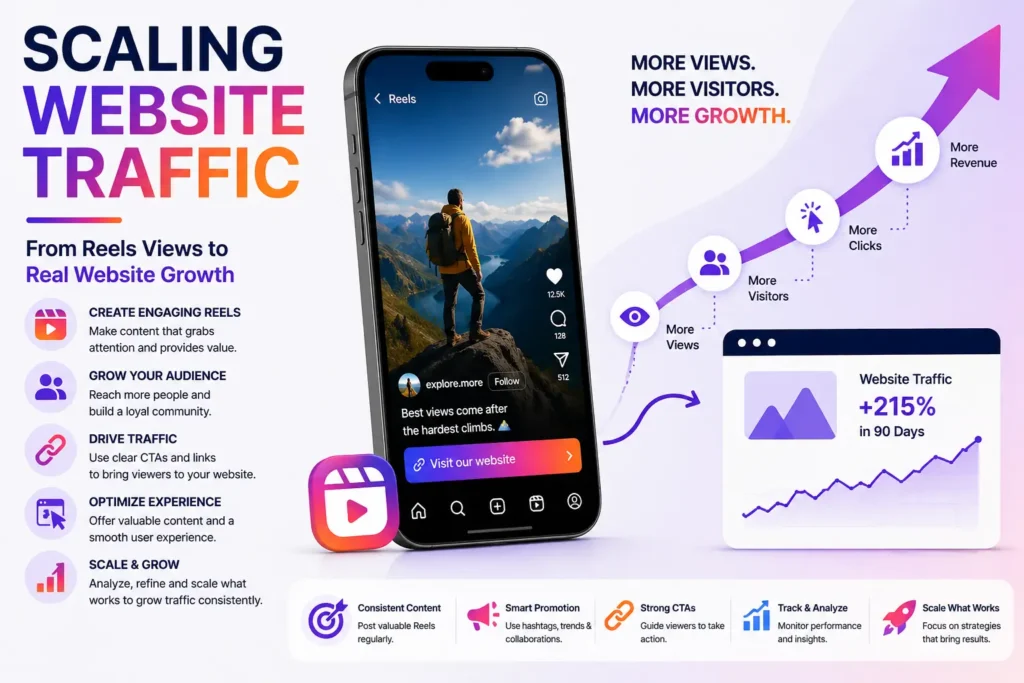 Instagram Reels strategy to scale website traffic through consistent content and audience growth.