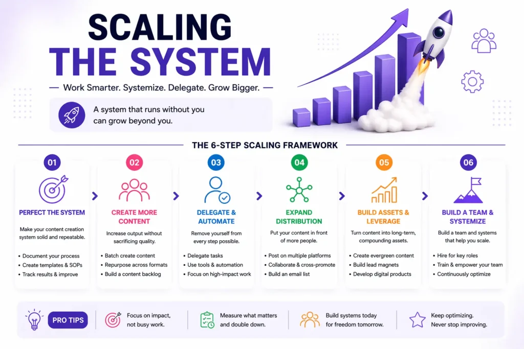 An image showing a scaling system that uses steps such as automation, team workflows, content distribution, and content repurposing to drive growth.
