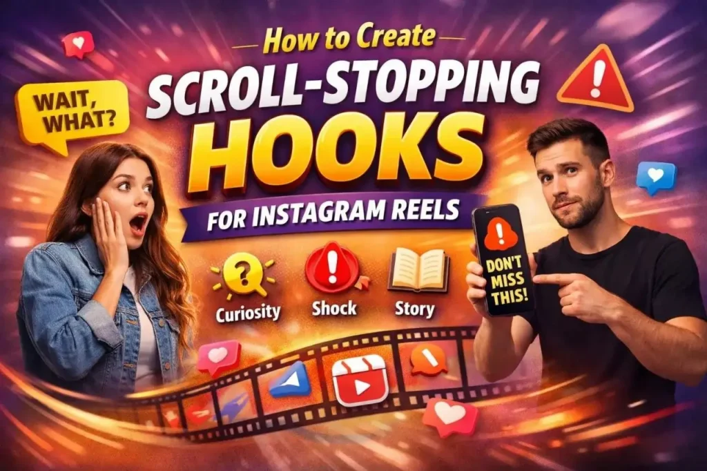 Tips to create scroll-stopping hooks for Instagram Reels using curiosity, shock, and storytelling.