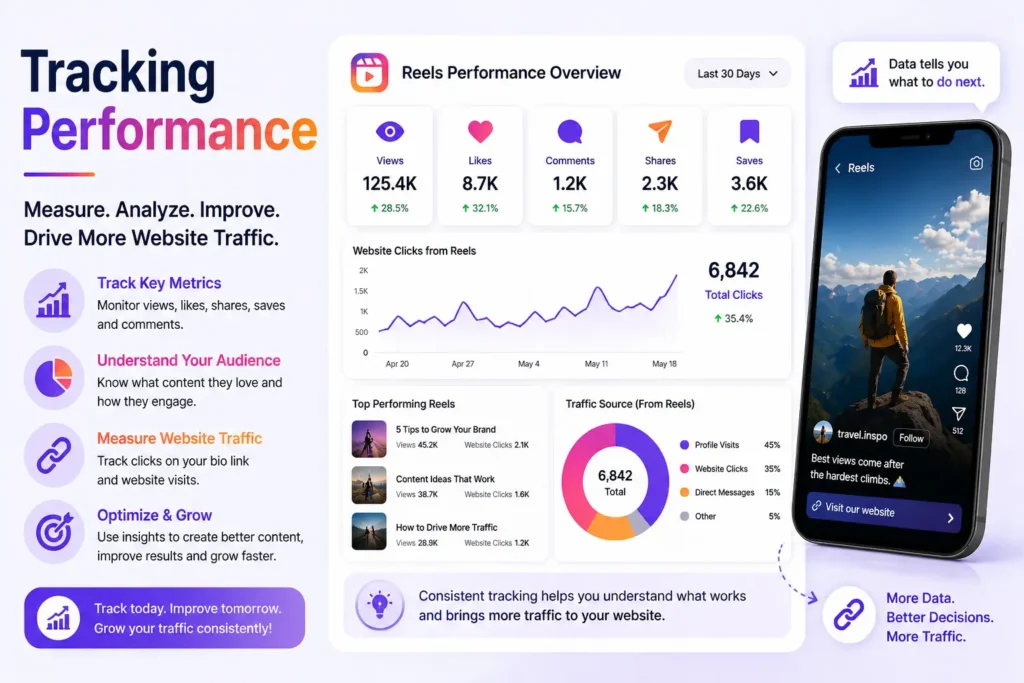 The Instagram Reels analytics dashboard tracks performance regarding clicks, conversions, and website traffic.