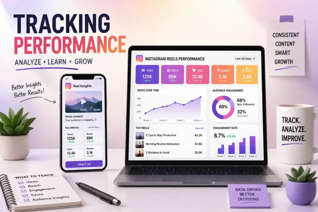 Instagram Reels analytics dashboard with charts, metrics and performance tracking tools.