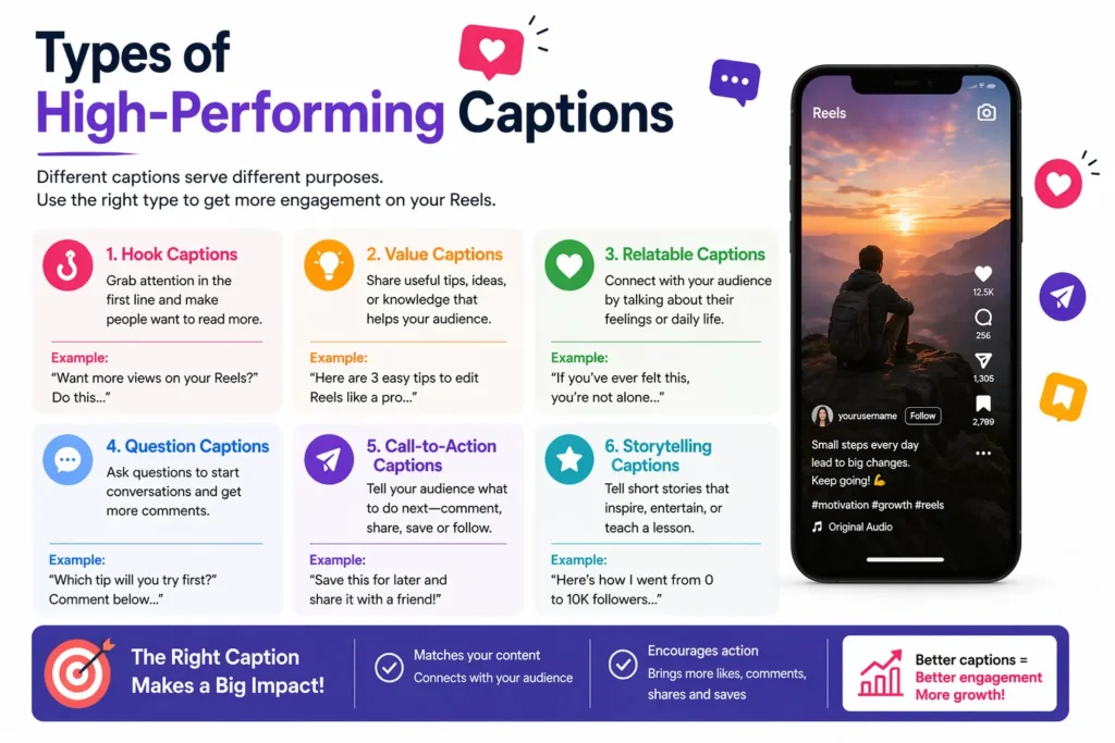 The blog's featured image shows various types of high-performing Instagram Reel captions, such as short, storytelling, question-based, and call-to-action captions.