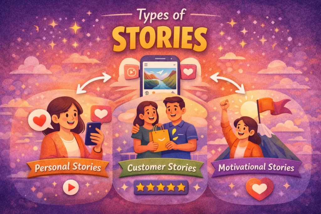 Types of storytelling for Instagram Reels, including customers' personal stories and inspirational stories.