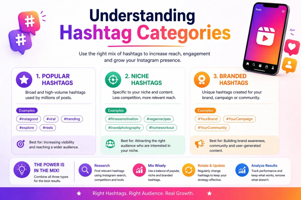 An image showing broad, niche, and branded hashtag categories for Instagram Reels.