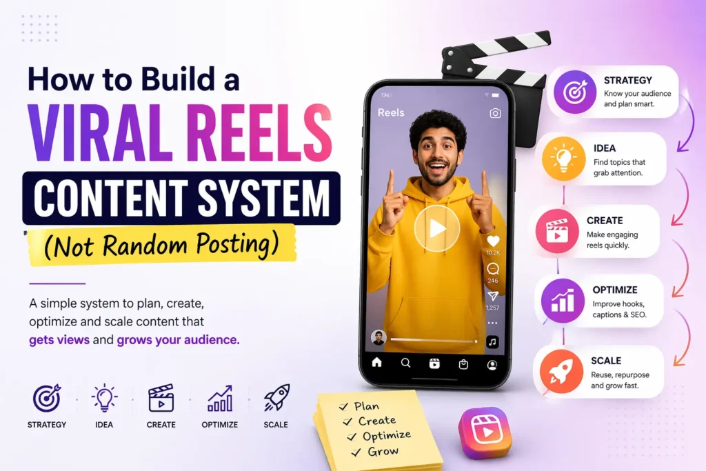 A simple visual showing how to build a viral Instagram Reels content system involving steps like planning, creating, optimizing, and scaling.