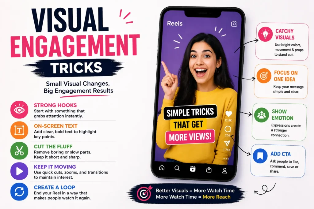 This image showing visual engagement tricks for Instagram Reels like text overlays, fast cuts, looping, and strong hooks.