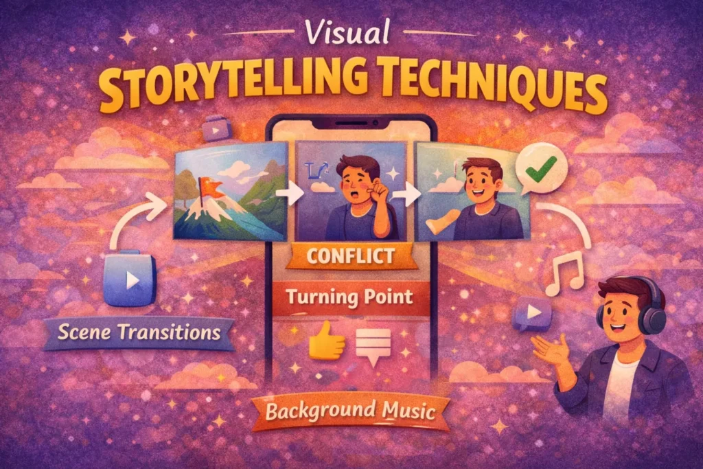 Visual storytelling techniques for Reels, featuring scene transitions, text overlays, and background music.