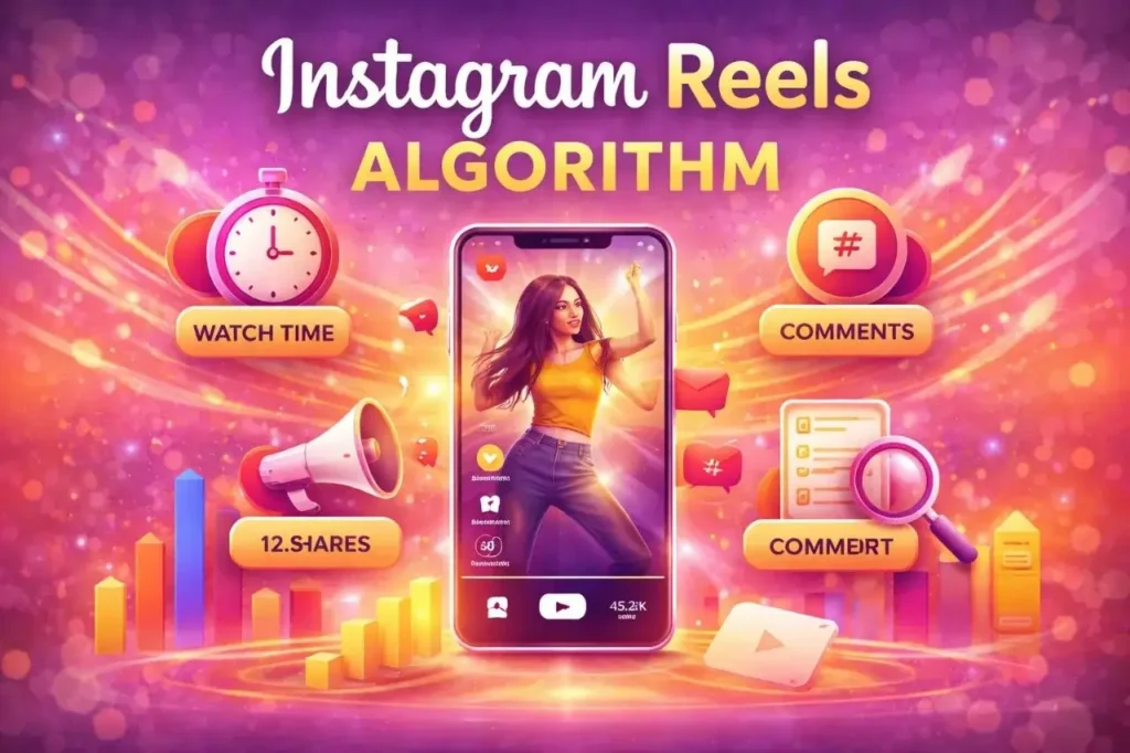 Instagram Reels algorithm illustration with engagement icons like watch time, likes, shares, and comments.