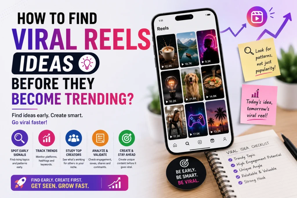 Smartphone showing Instagram Reels with trending videos and content strategy notes for finding viral ideas early.