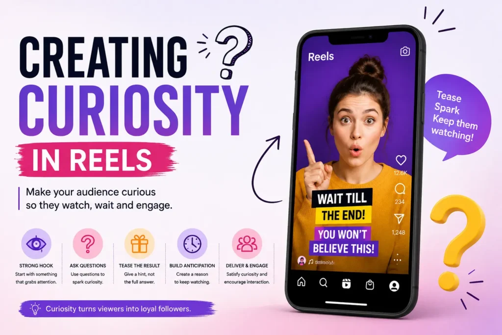 Instagram Reels strategy featuring hooks to create curiosity and ideas for engaging content.
