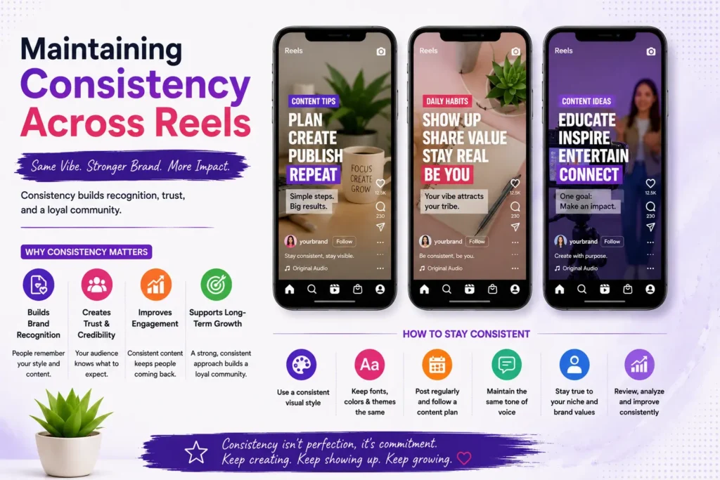 Consistency strategy for Instagram Reels, including posting schedules and branding tips.