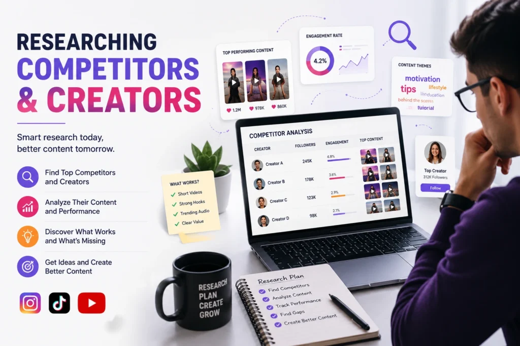 A digital marketer is analyzing competitors' Instagram Reels and creators' content on a laptop to find viral ideas.