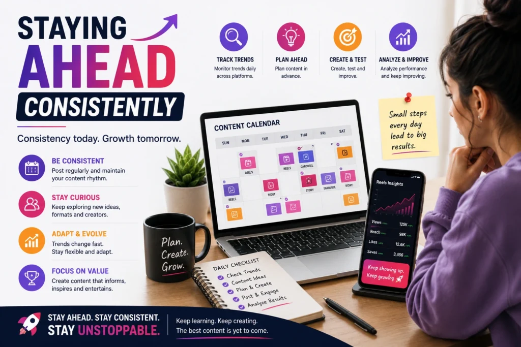 A content creator is planning social media posts and tracking trends on a laptop for continuous growth.