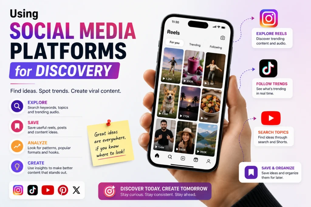 Using Instagram, TikTok, and YouTube to find trending content ideas for Reels.
