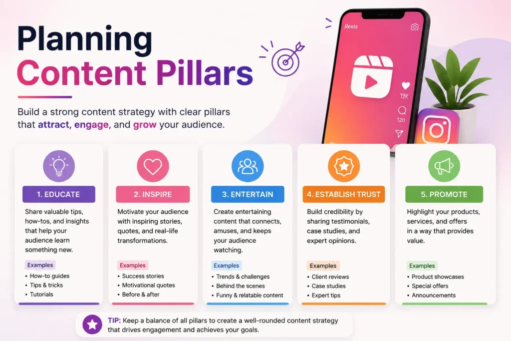 Instagram Reels content pillars for educational, entertainment, and personal brand content.