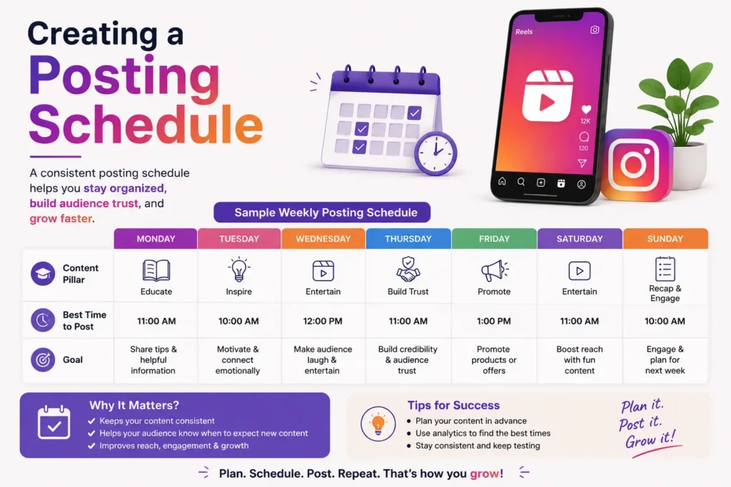 Instagram Reels posting schedule with weekly content planning and posting calendar.