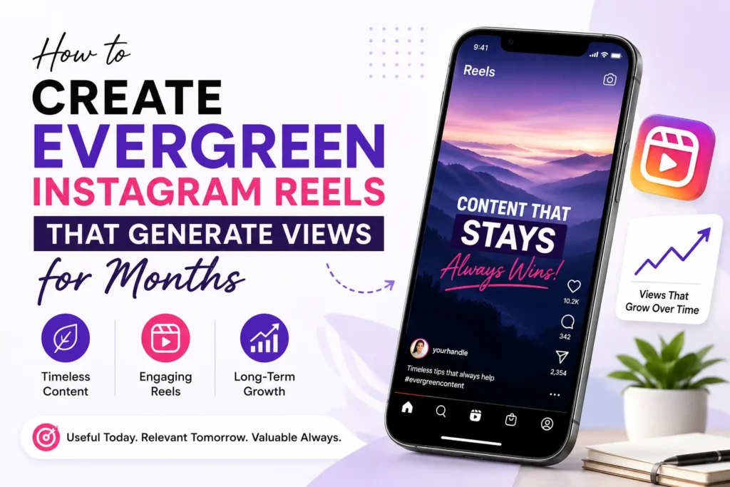 Evergreen Instagram Reels strategy showing tips for creating Reels that get long-term views and engagement.