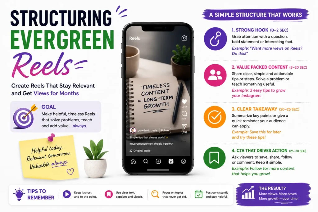 Structuring evergreen Instagram Reels with strong hooks, clear takeaways, and timeless content.